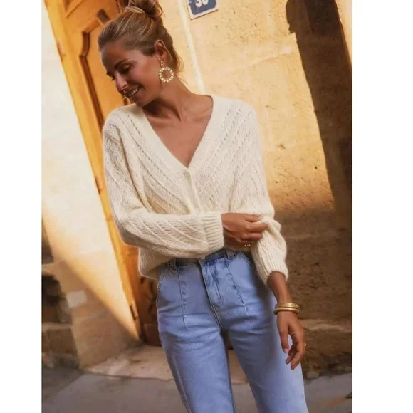 V-Cut Buttoned Down Off White Knit Cardigan Textured, Long Sleeve - Picture 5 of 12